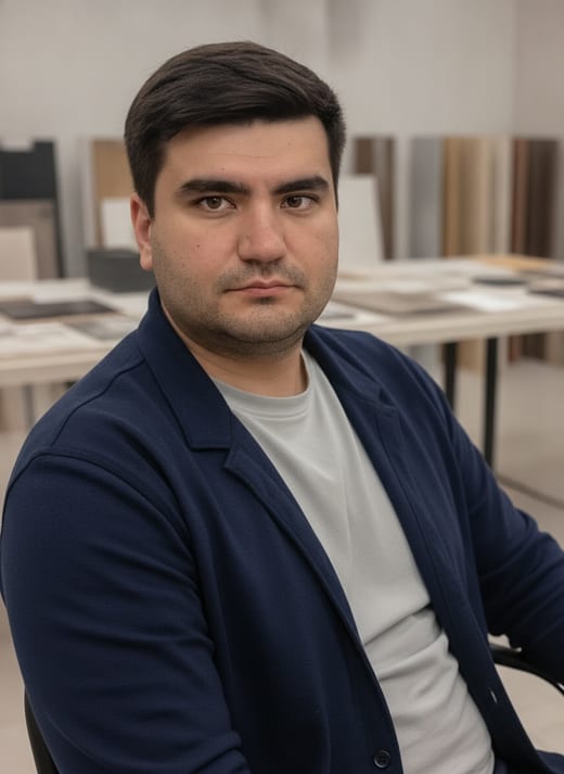 Студия материалов — сидя · крупный план
