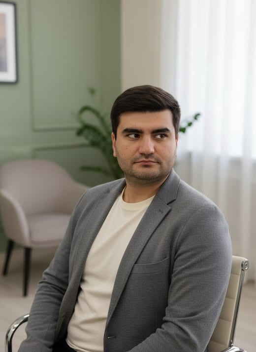 Кабинет — мягкий свет — сидя · крупный план